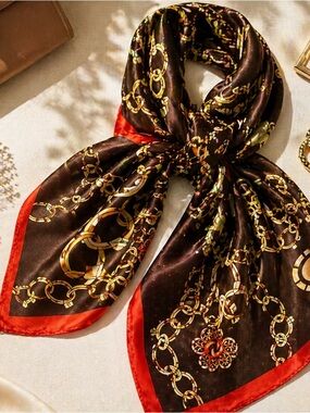 M.O.S.I. Satin Chain Print Scarf Brown Gold Red Luxe 35x25 Elegant Silk Feel